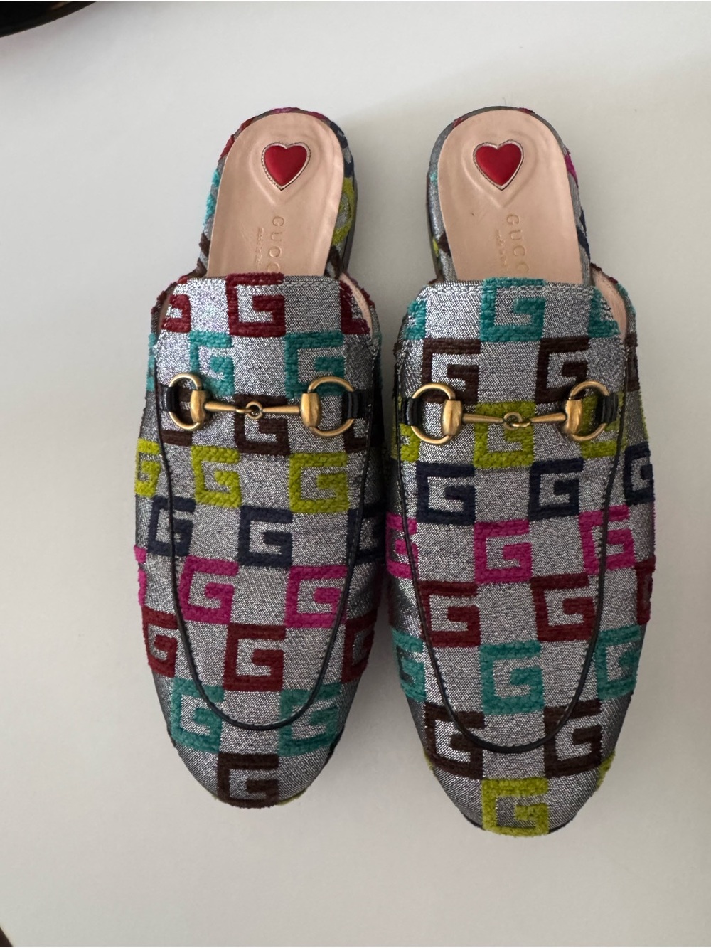 Gucci Multicolor GG Logo Metallic Leather Horsebit Mule - Women's